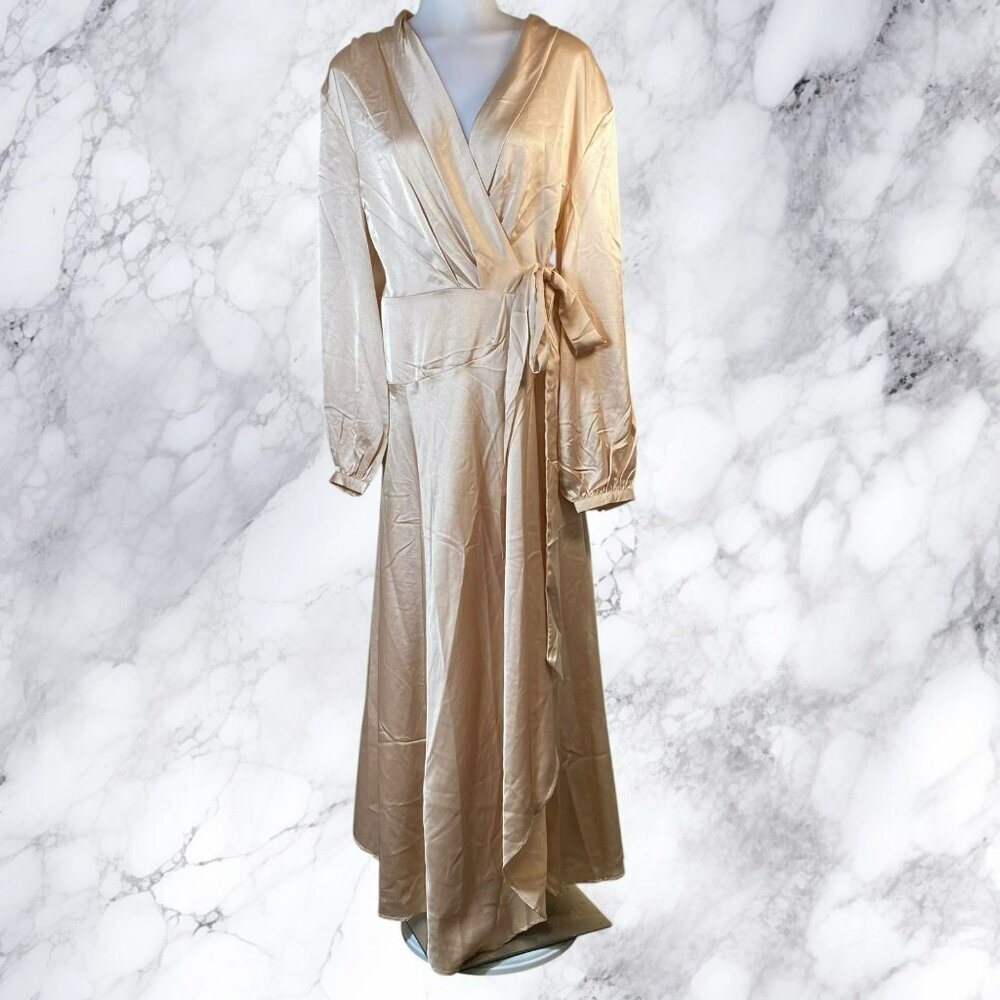 NastyGal Satin Long Sleeve Midi Wrap Dress - Rose - Picture 2 of 12